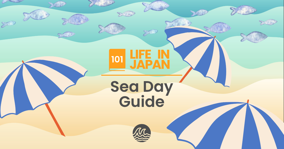 Cartoon beach with fish and beach umbrellas as background image of: Life in Japan 101 Sea Day